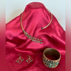 Unique Brass Choker Necklace, Cuff Bracelet 2.5” dia, Earrings EC